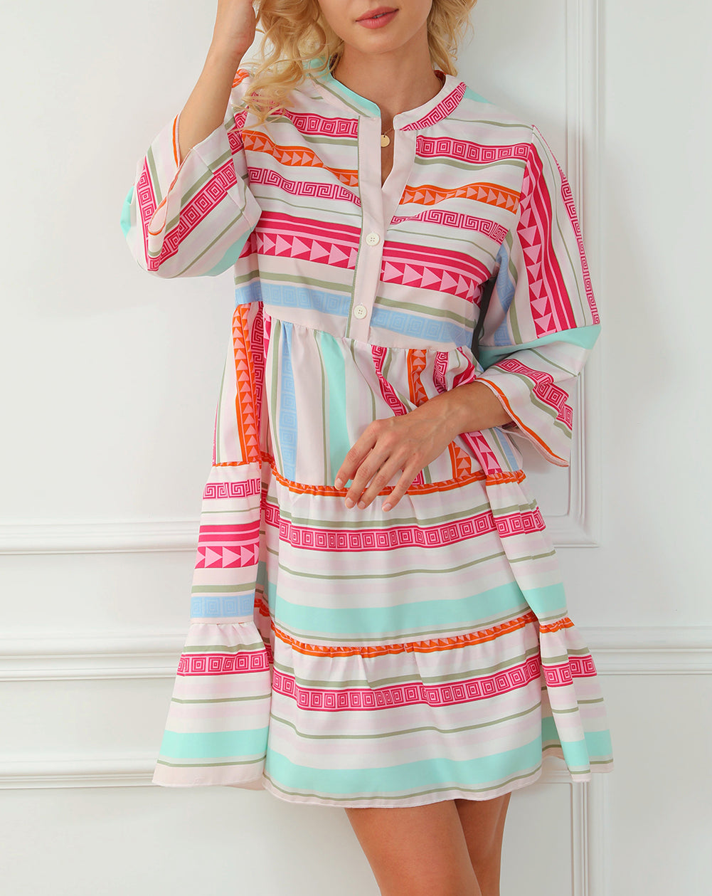 Boho Geometric Print Bracelet Sleeve Buttoned Mini Dress