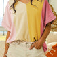 Crinkled Colorblock Patchwork V Neck T Shirt