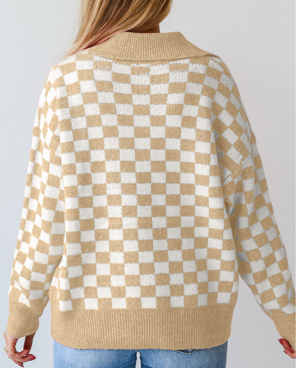 Checkered Buttons Collar V Neck Drop Shoulder Sweater