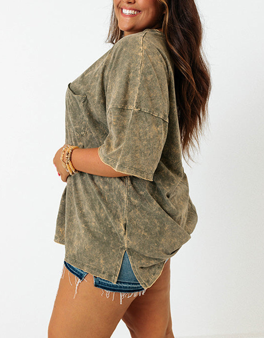 Plus Size Mineral Wash Seamed Short Sleeve T Shirt