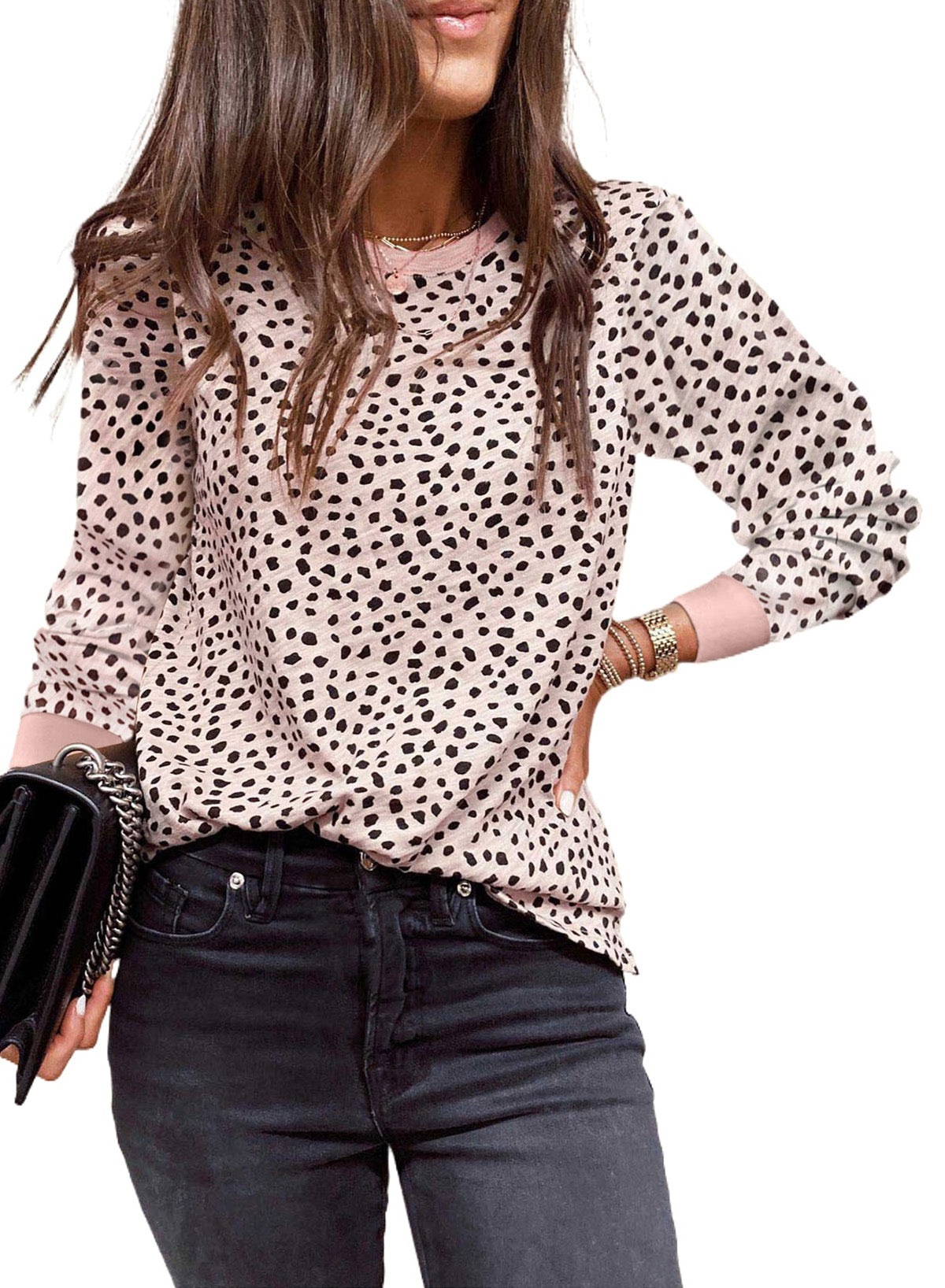 Animal Spotted Print Round Neck Long Sleeve Top