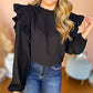 Frilled Neck Ruffled Trim Bubble Sleeve Blouse