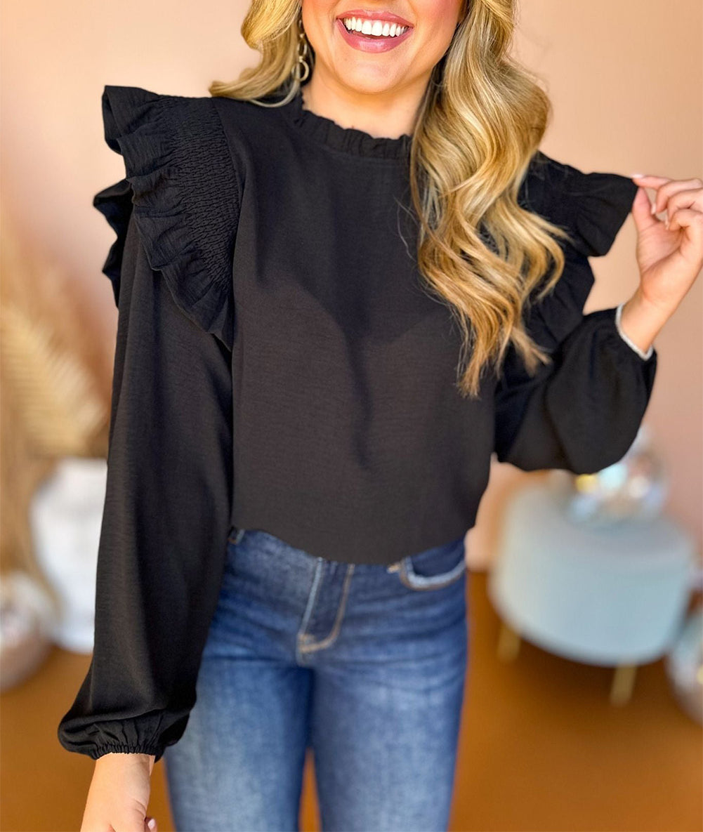 Frilled Neck Ruffled Trim Bubble Sleeve Blouse