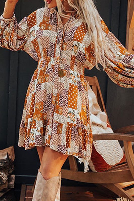 Boho Floral Puff Sleeve Smocked Waist Mini Shirt Dress