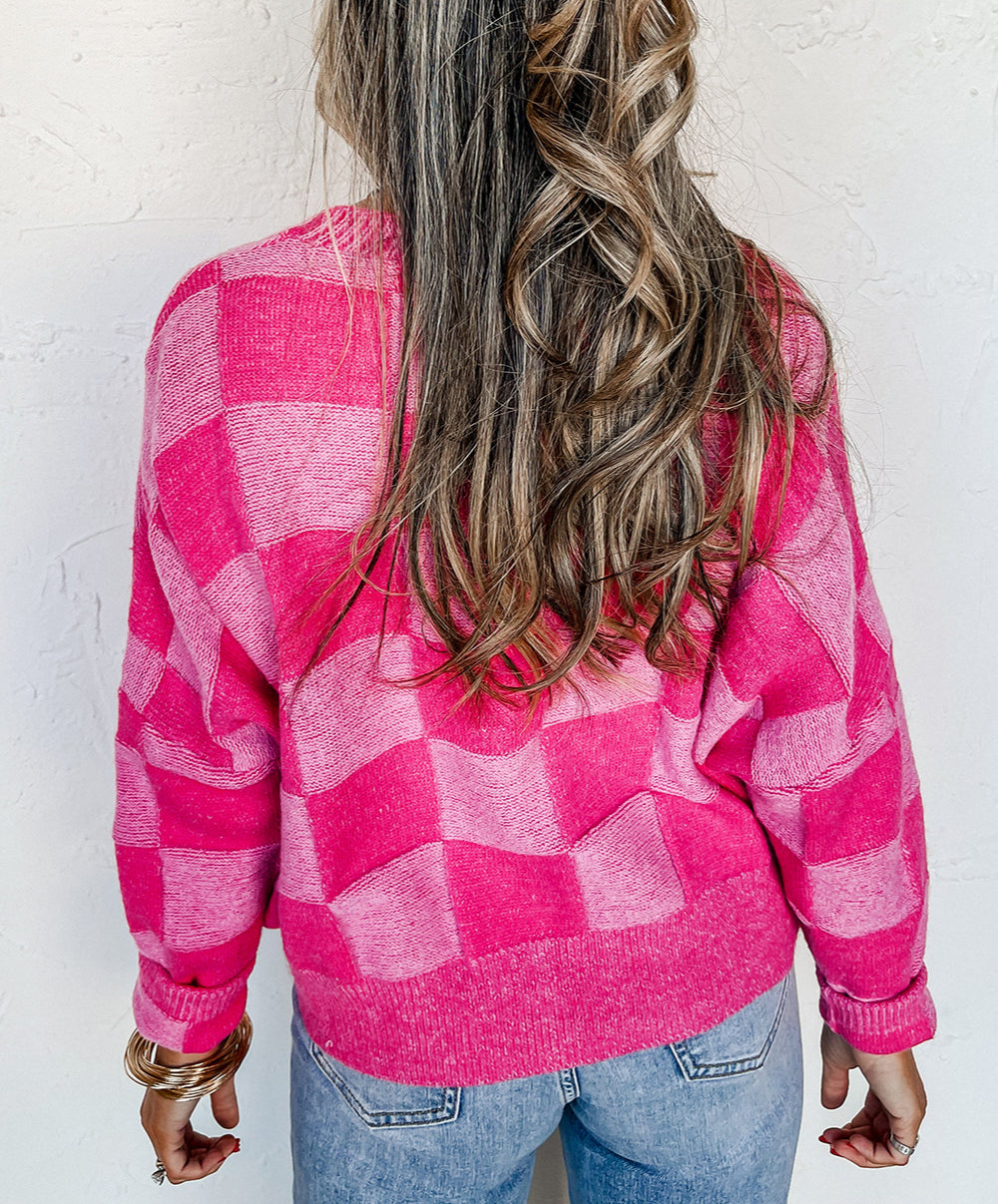 Checkered Drop Shoulder Buttoned V Neck Cardigan