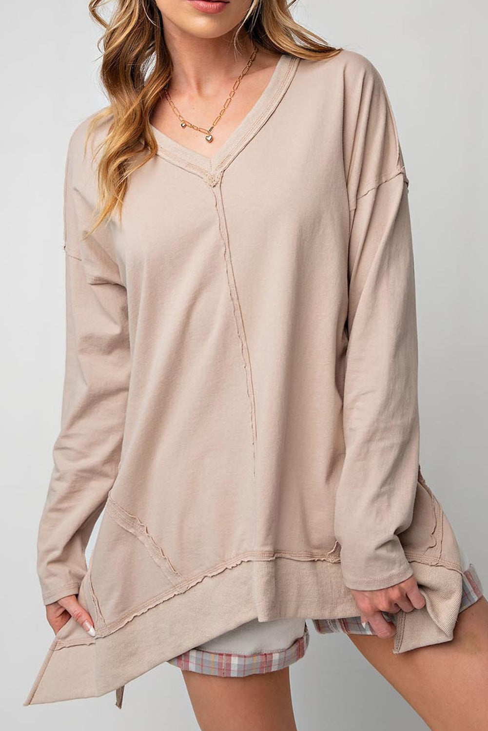 Exposed Seam V Neck Split Hem Tunic Top