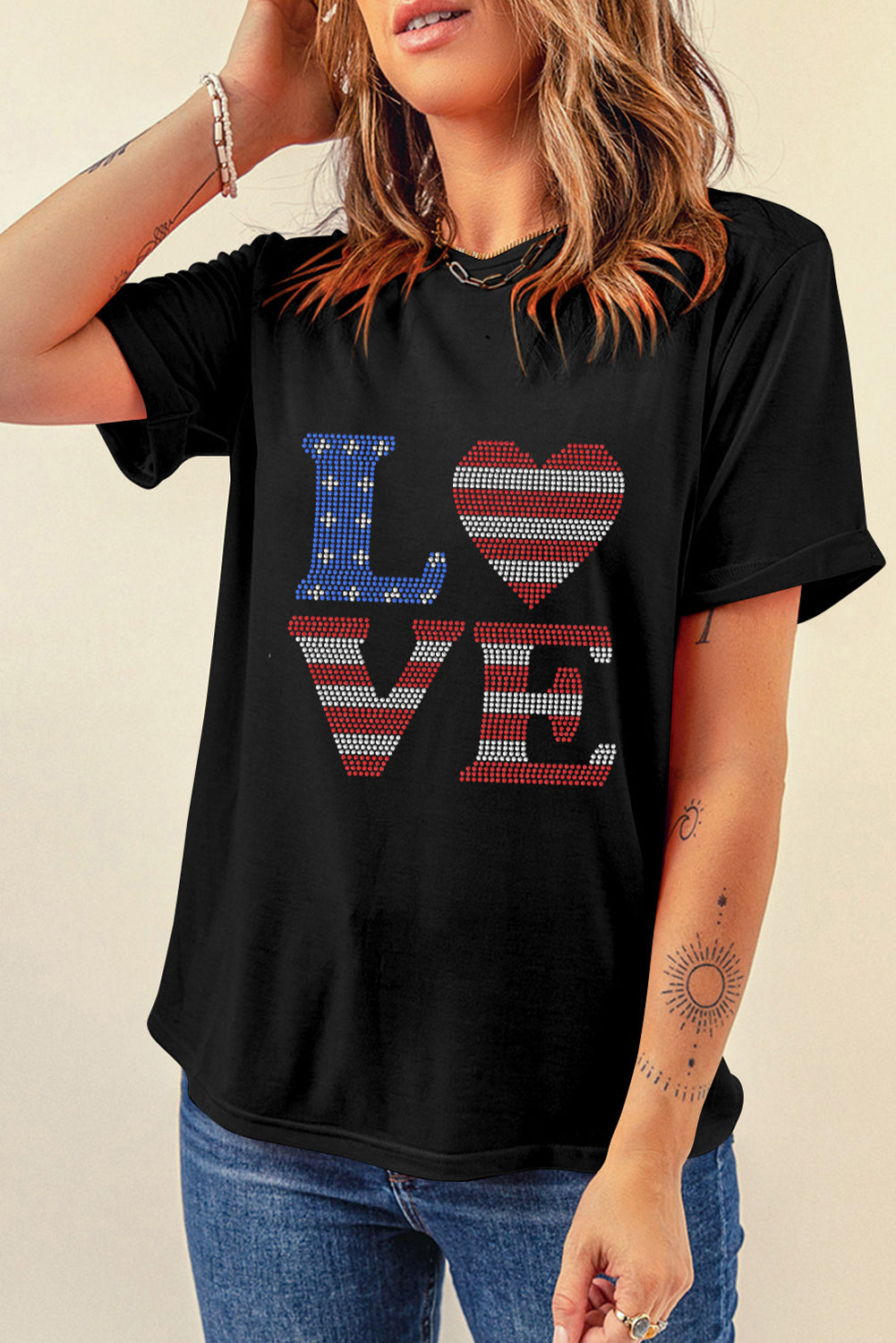 Rhinestone USA Flag Stripes and Stars LOVE Graphic T Shirt