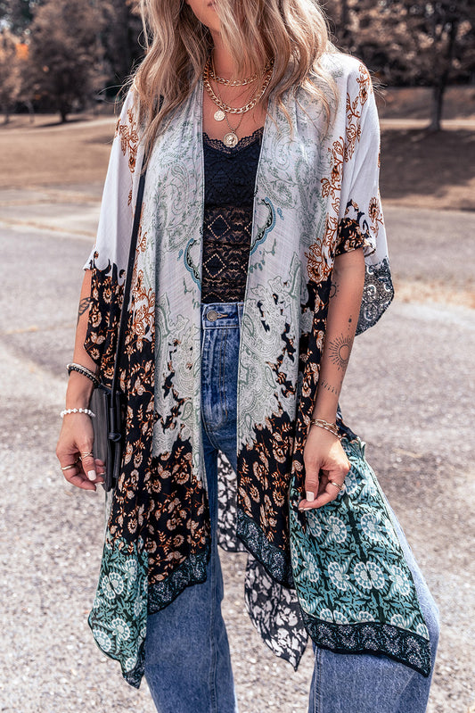 Floral Print Irregular Hem Flowy Kimono