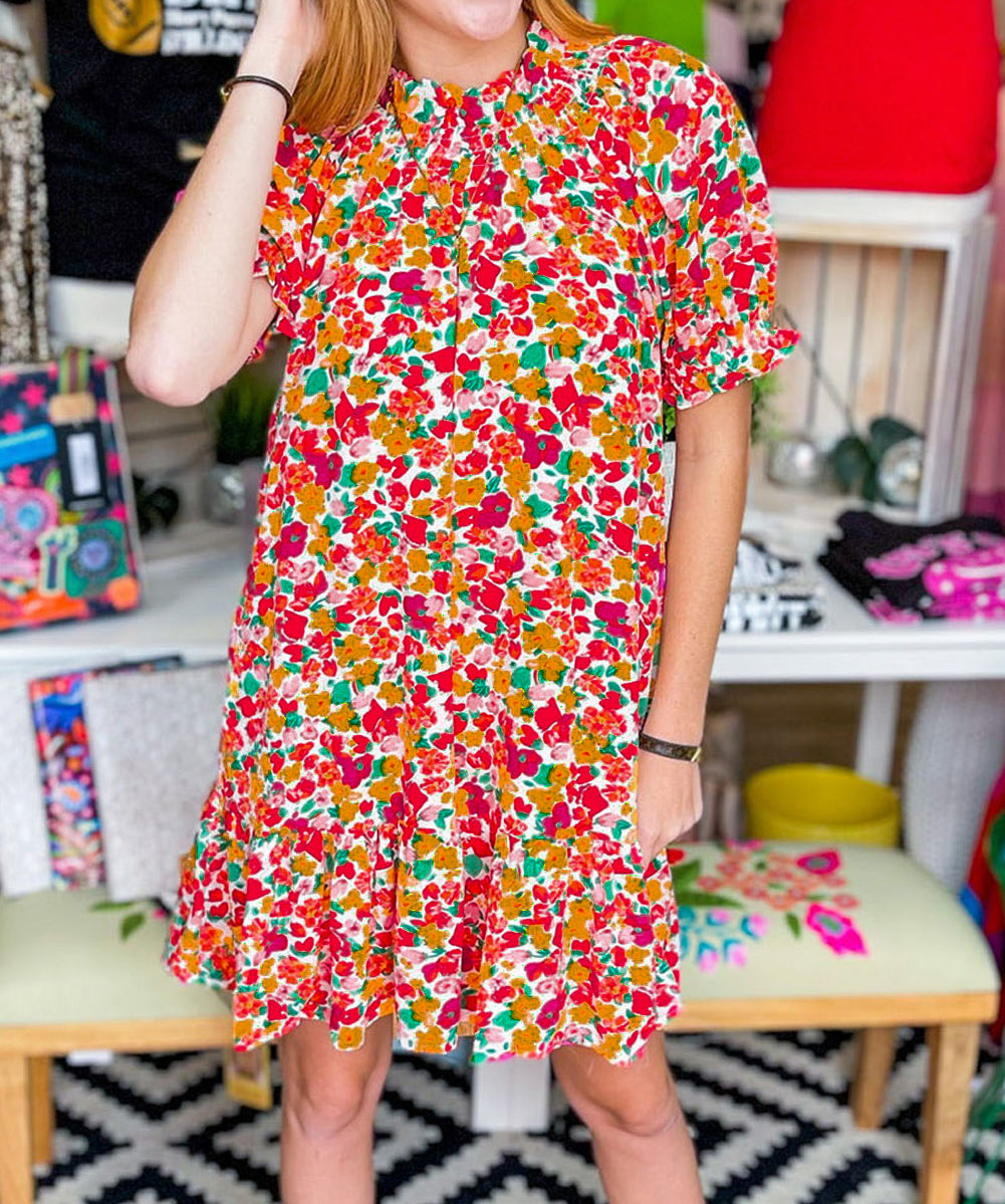 Floral Print Frill Mock Neck Bubble Sleeve Dress