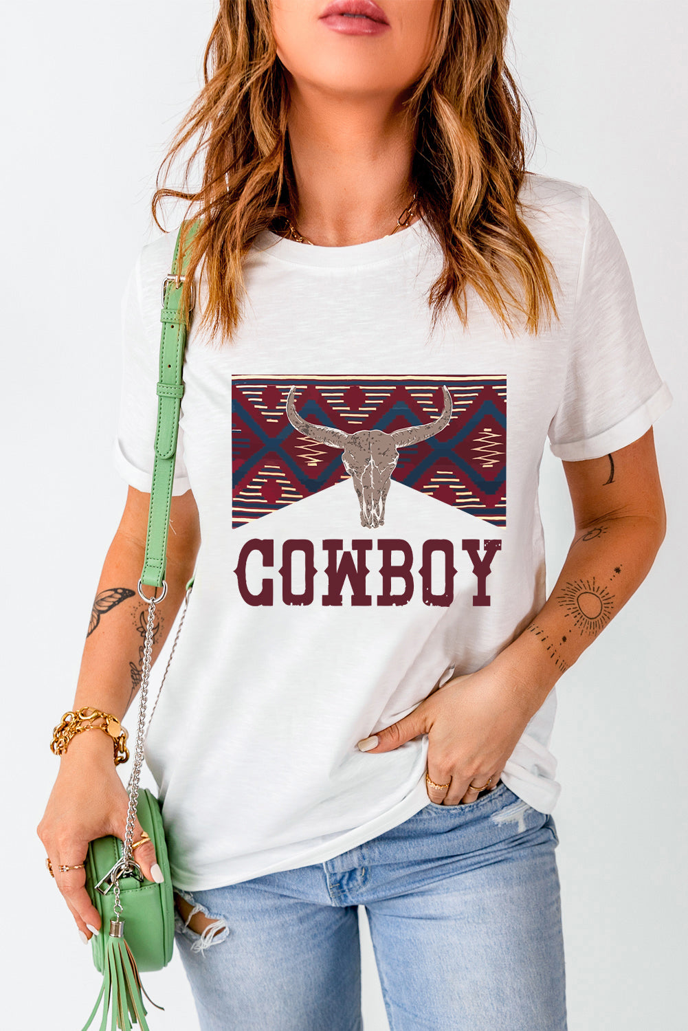 COWBOY Western Steer Head Print Round Neck T Shirt