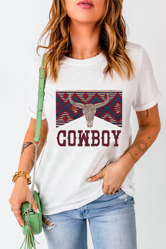 COWBOY Western Steer Head Print Round Neck T Shirt