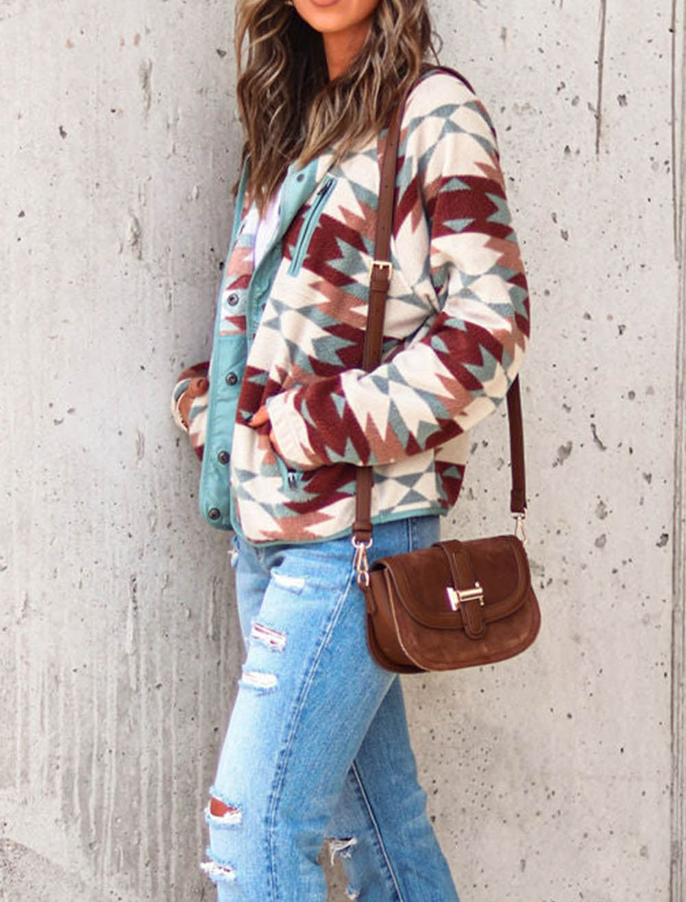 Western Aztec Buttoned Zipper Pockets Fleece Jacket