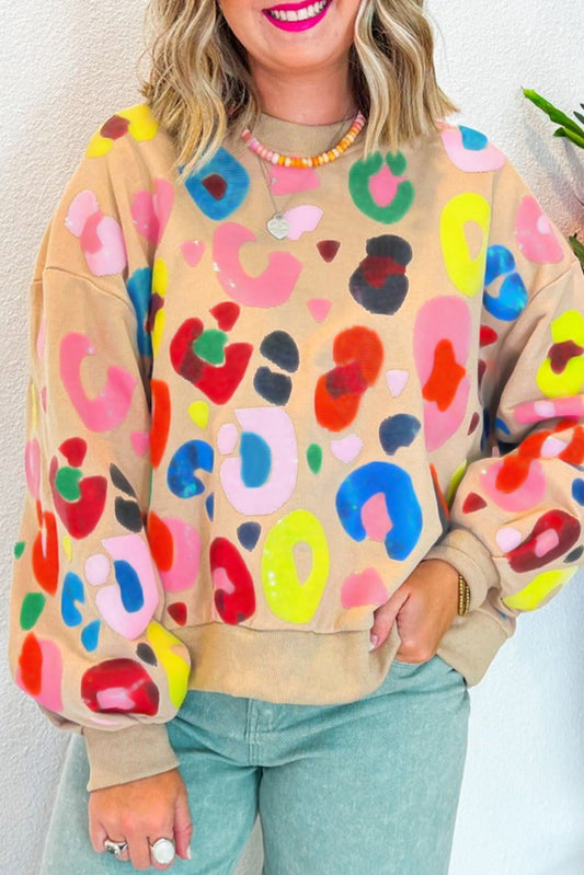 Multicolor Leopard Printed Drop Shoulder Pullover Sweatshirt