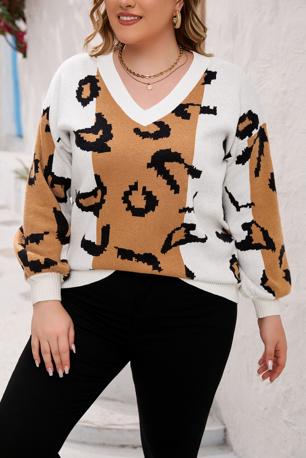 Leopard Print Colorblock Drop Shoulder Plus Size Sweater
