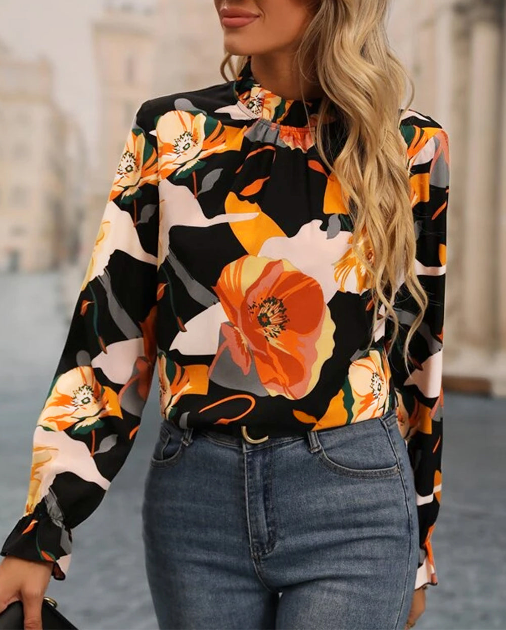 Floral Print Mock Neck Blouse