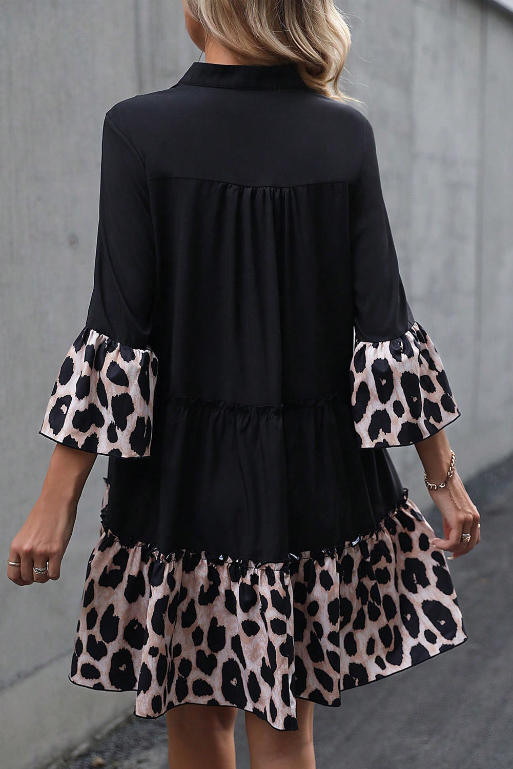 Leopard Trim V Neck Ruffled Sleeve Flared Dress
