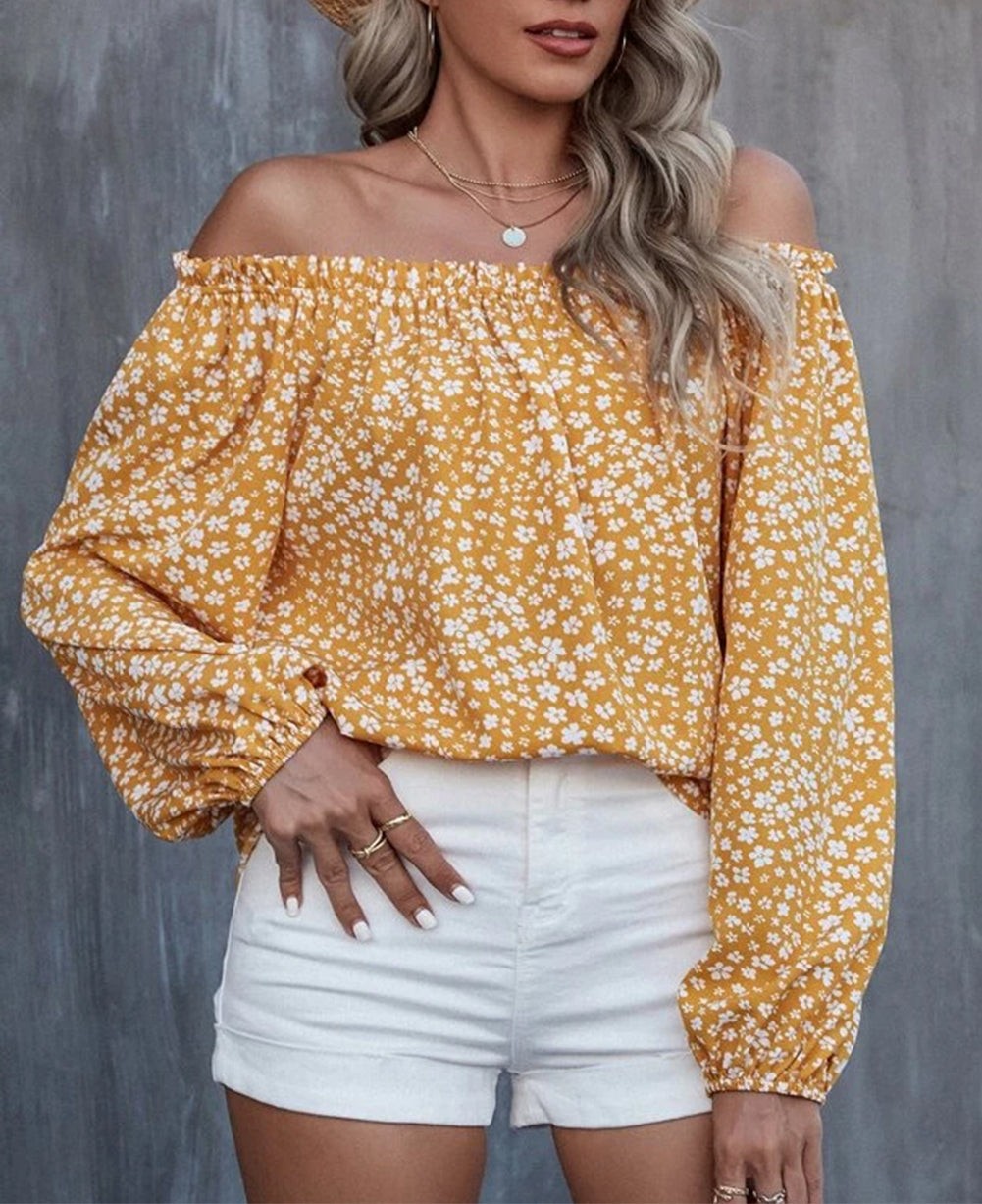 Floral Print Frill Trim Off-shoulder Lantern Sleeve Blouse