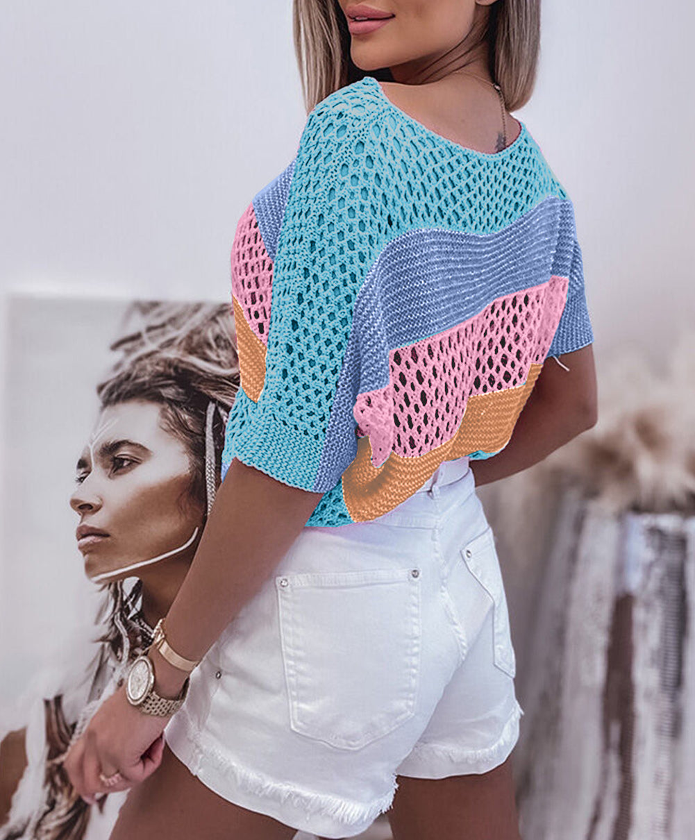 Knitted Eyelet Colorblock Striped Half Sleeves Top