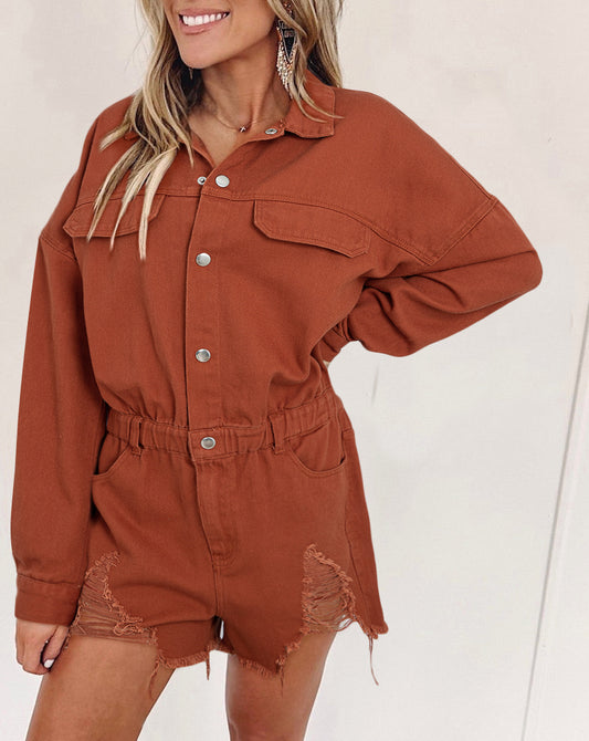 Long Sleeve Snap Buttons Distressed Denim Romper