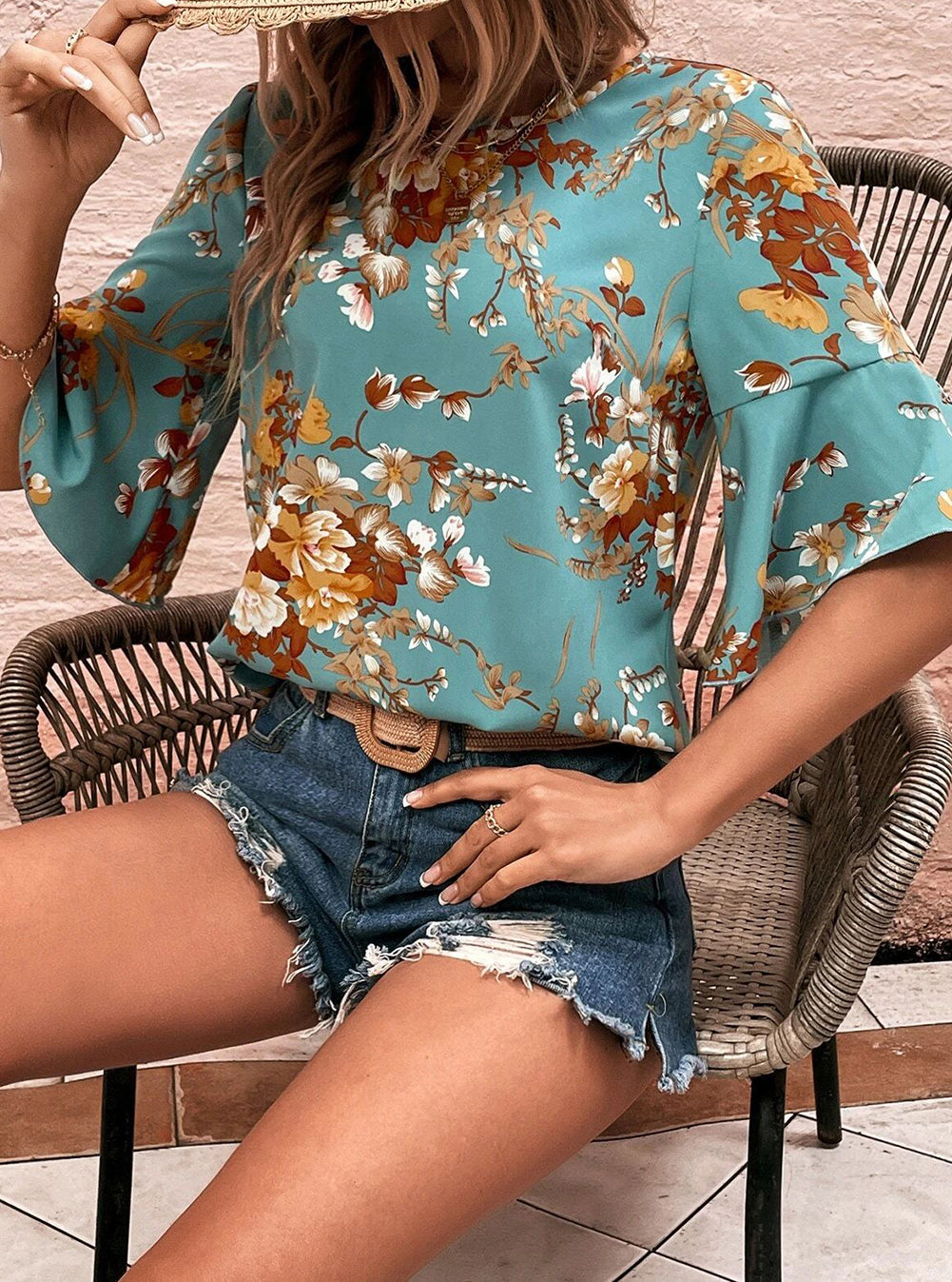 Flare Sleeve Floral Blouse