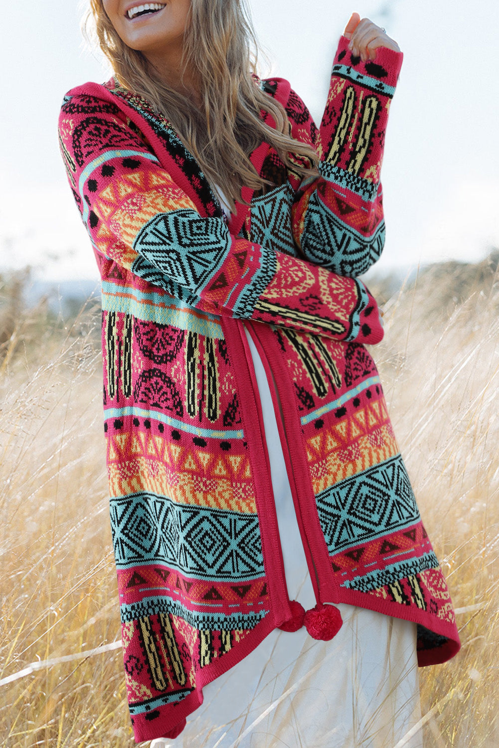 Boho Aztec Knitted Pom Pom Tie Hooded Cardigan