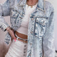 Retro Rhinestone Fringed Collar Light Wash Denim Jacket