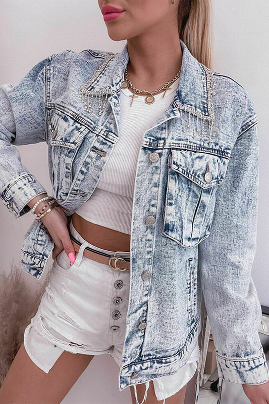 Retro Rhinestone Fringed Collar Light Wash Denim Jacket