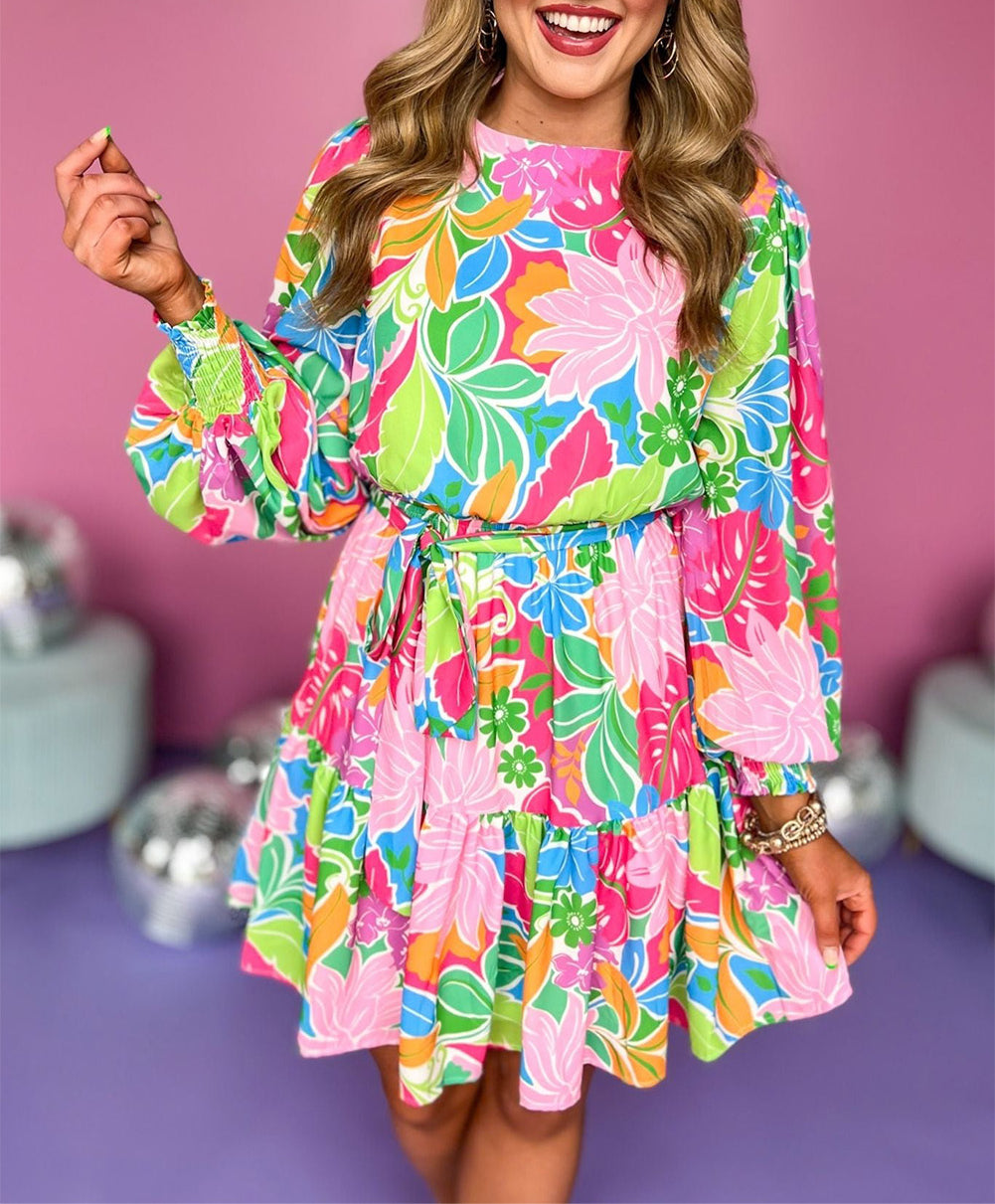 Multicolor Botanical Bubble Sleeve Mini Dress