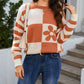 Checkered Floral Print Striped Sleeve Sweater