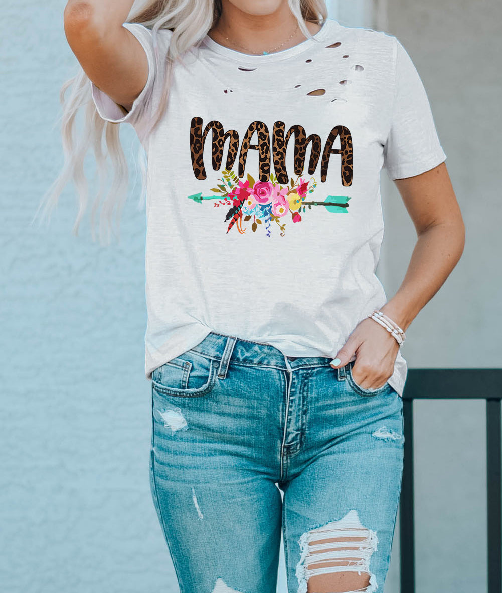 MAMA & Flower Printed Hollowed Short Sleeves T-Shirt