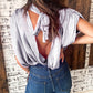 Ruched Sleeves Knotted Backless Blouse