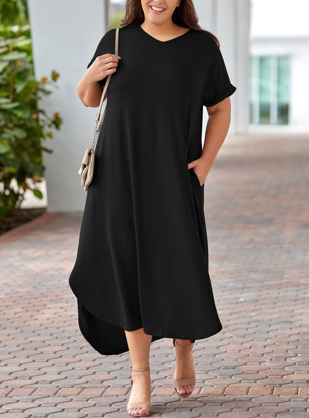 Plus Size V Neck Rolled Cuffs Maxi Dress