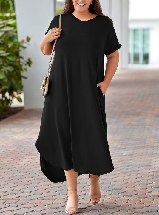 Plus Size V Neck Rolled Cuffs Maxi Dress
