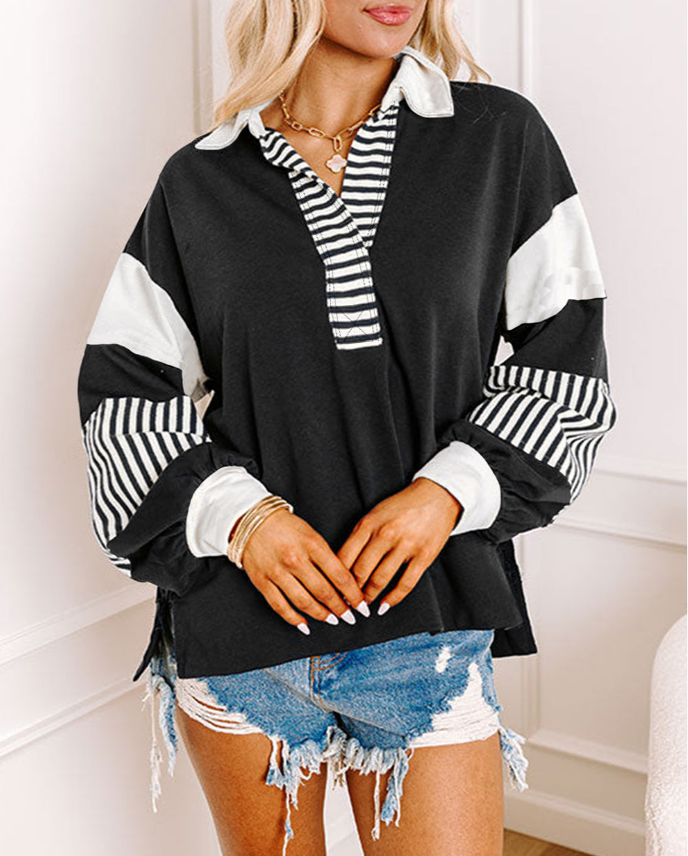 Striped Colorblock Patchwork Collar Sweatshirt