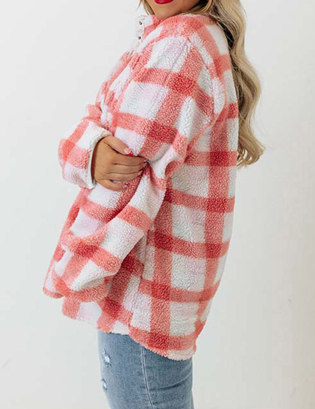 Plus Size Tunic Plaid Sherpa Henley Sweatshirt