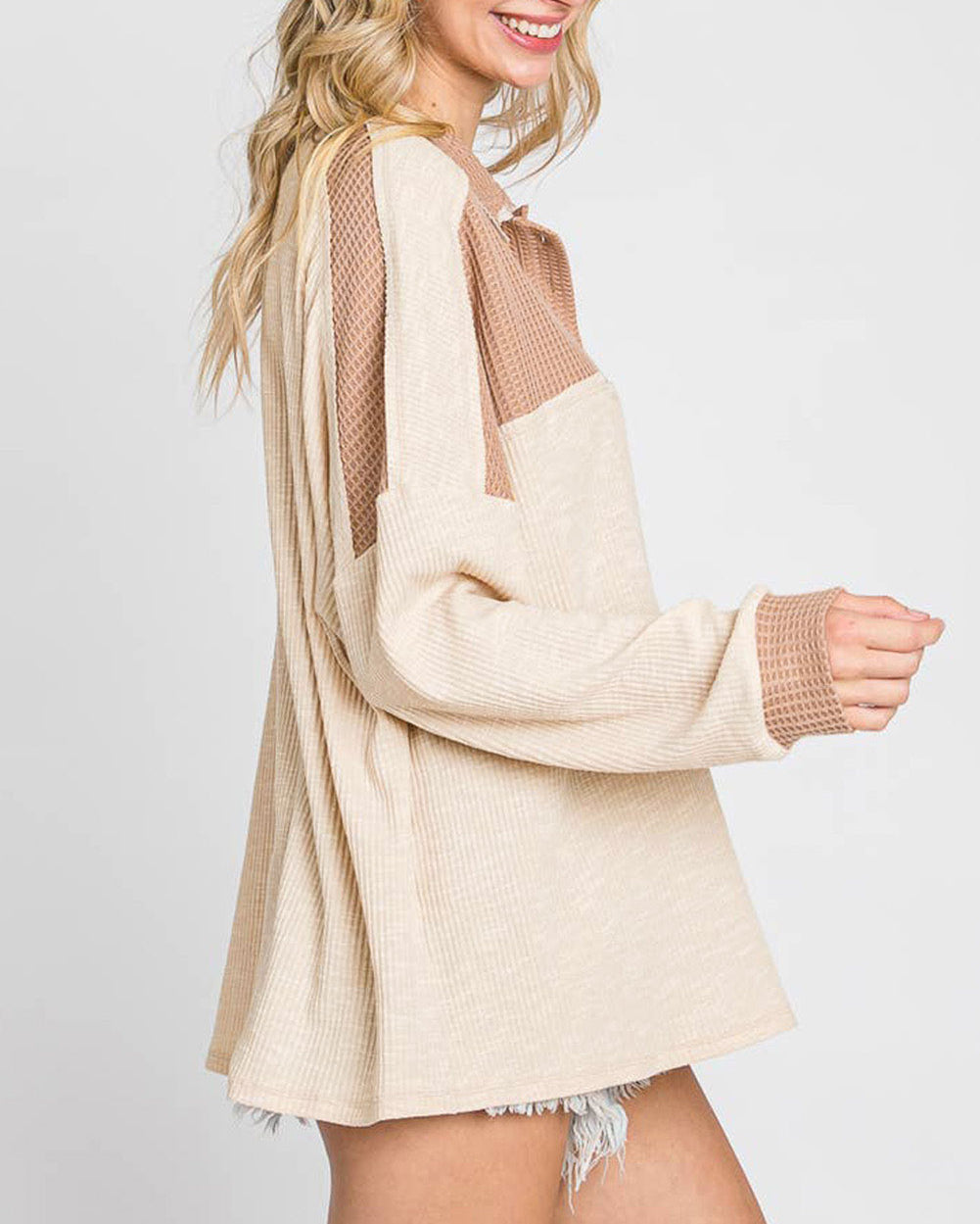 Oversized Knit Top With Waffle Contrast