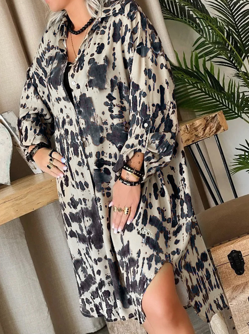 Splash Ink Print Long Sleeve Button Front Split Dress