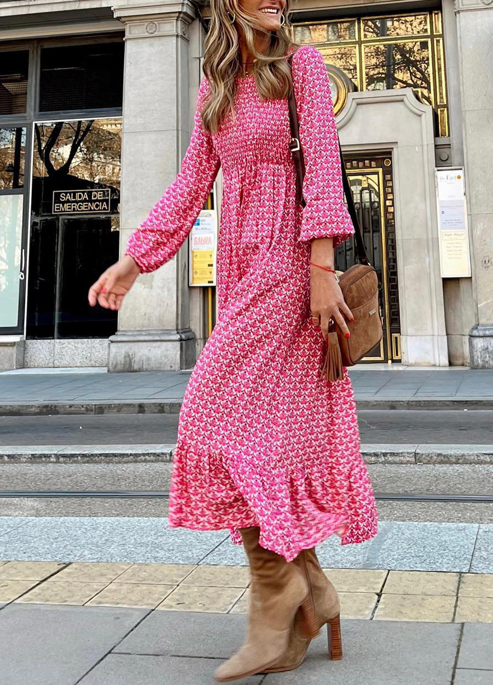 Printed Ruffled Hem Long Dress