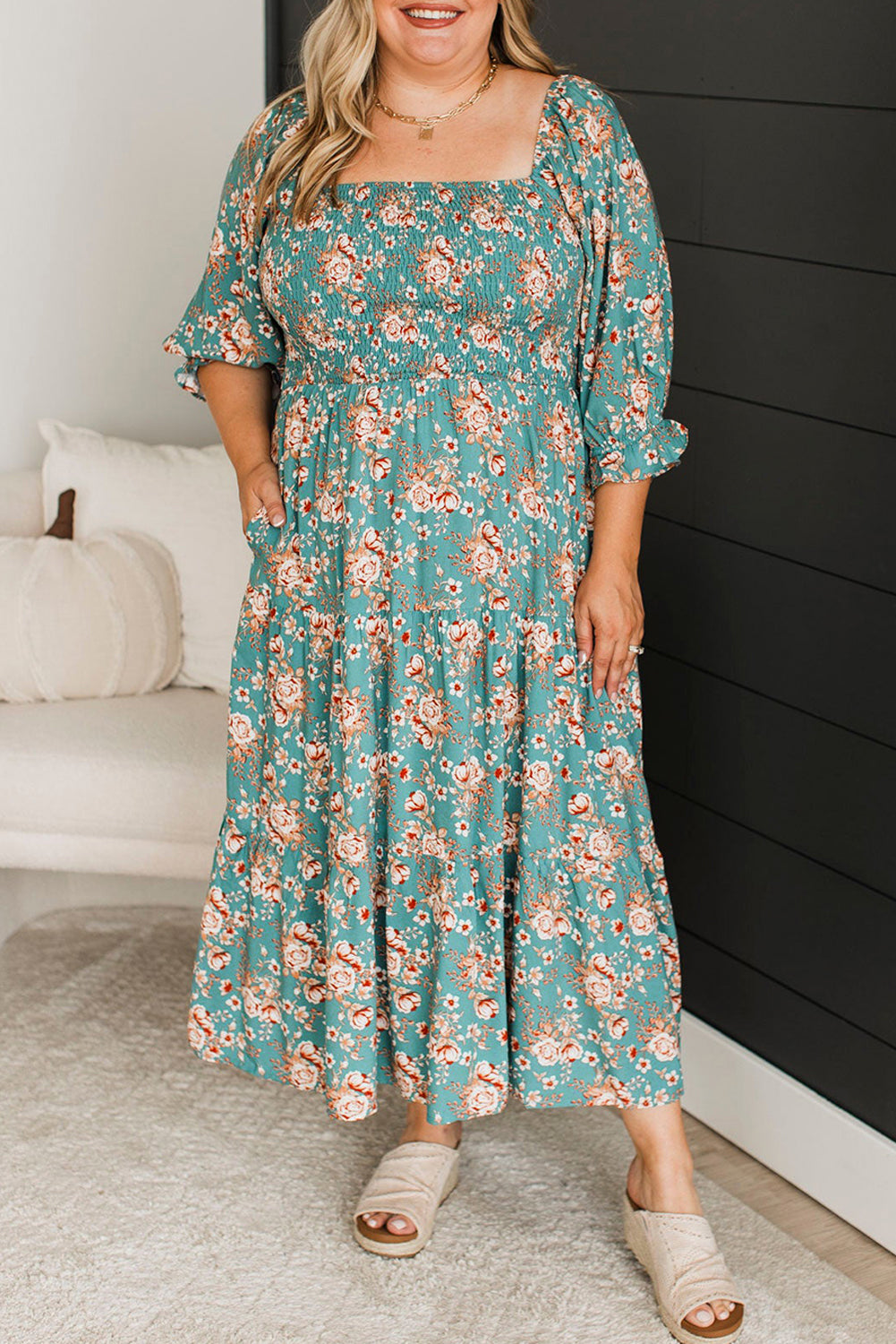 Plus Size Floral Print Square Neck Smocked Maxi Dress