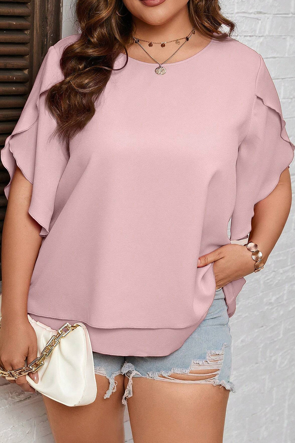Plus Size Frilly Overlap Sleeve Double Layered Blouse