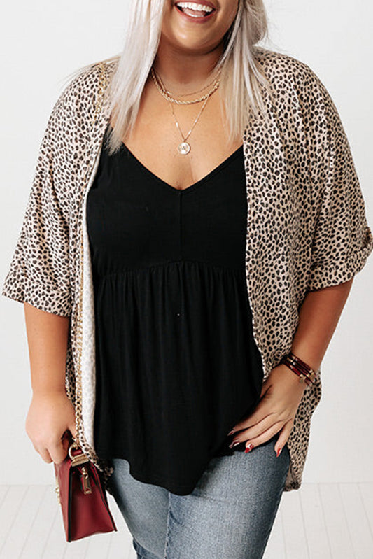 Plus Size Leopard Print Half Sleeve Open Front Cardigan