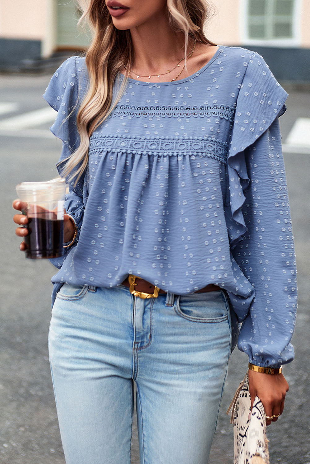 Lace Eyelet Ruffle Shoulder Long Sleeve Blouse
