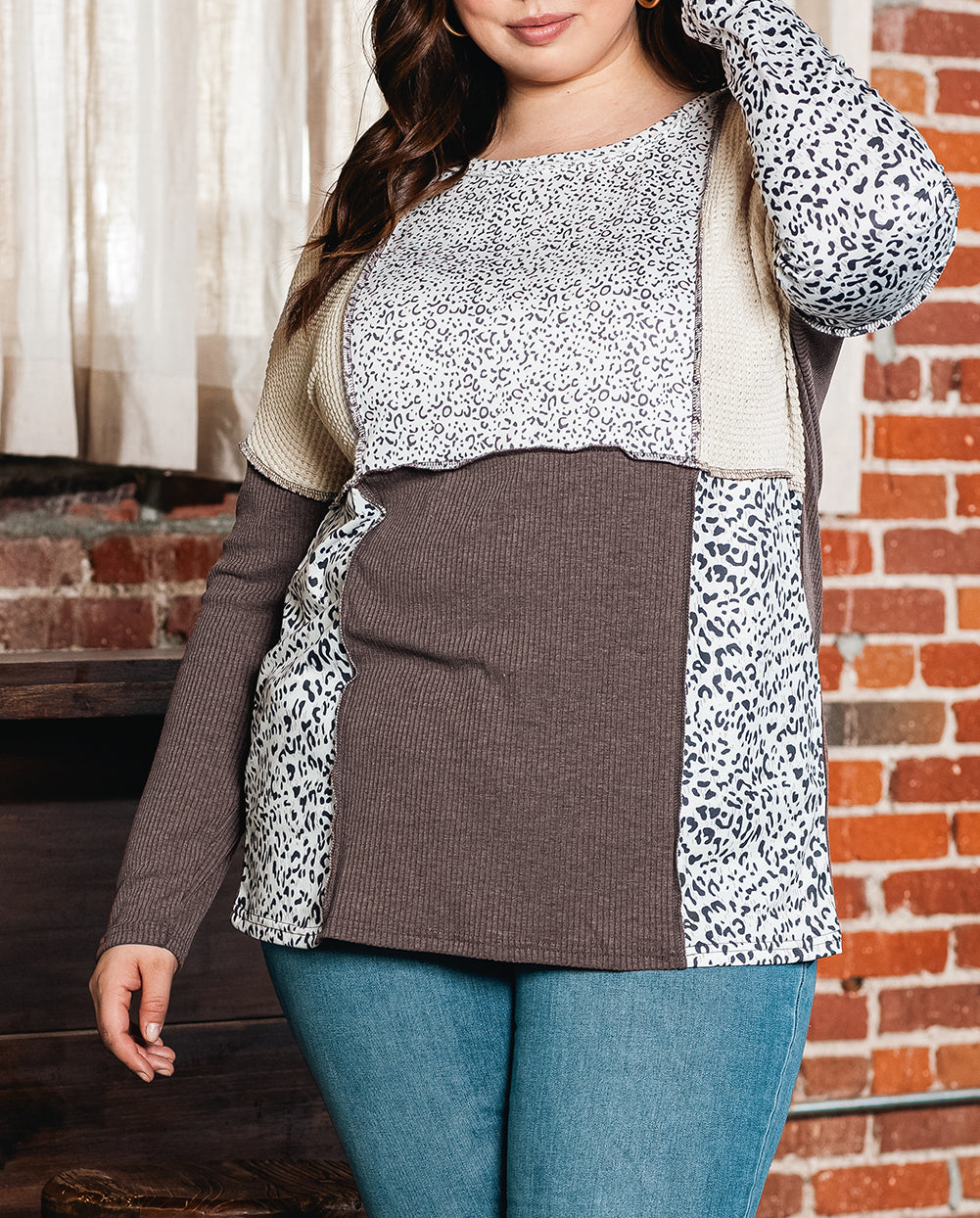 Plus Size Leopard Waffle Ribbed Knit Patchwork Top