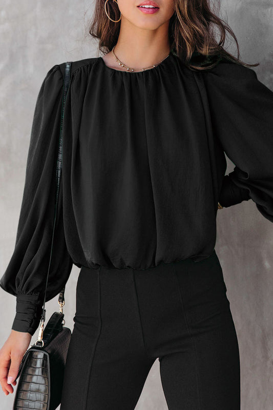 Padded Shoulder Buttoned Cuffs Pleated Loose Blouse