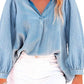 Balloon Sleeve Slit V-Neck Denim Top