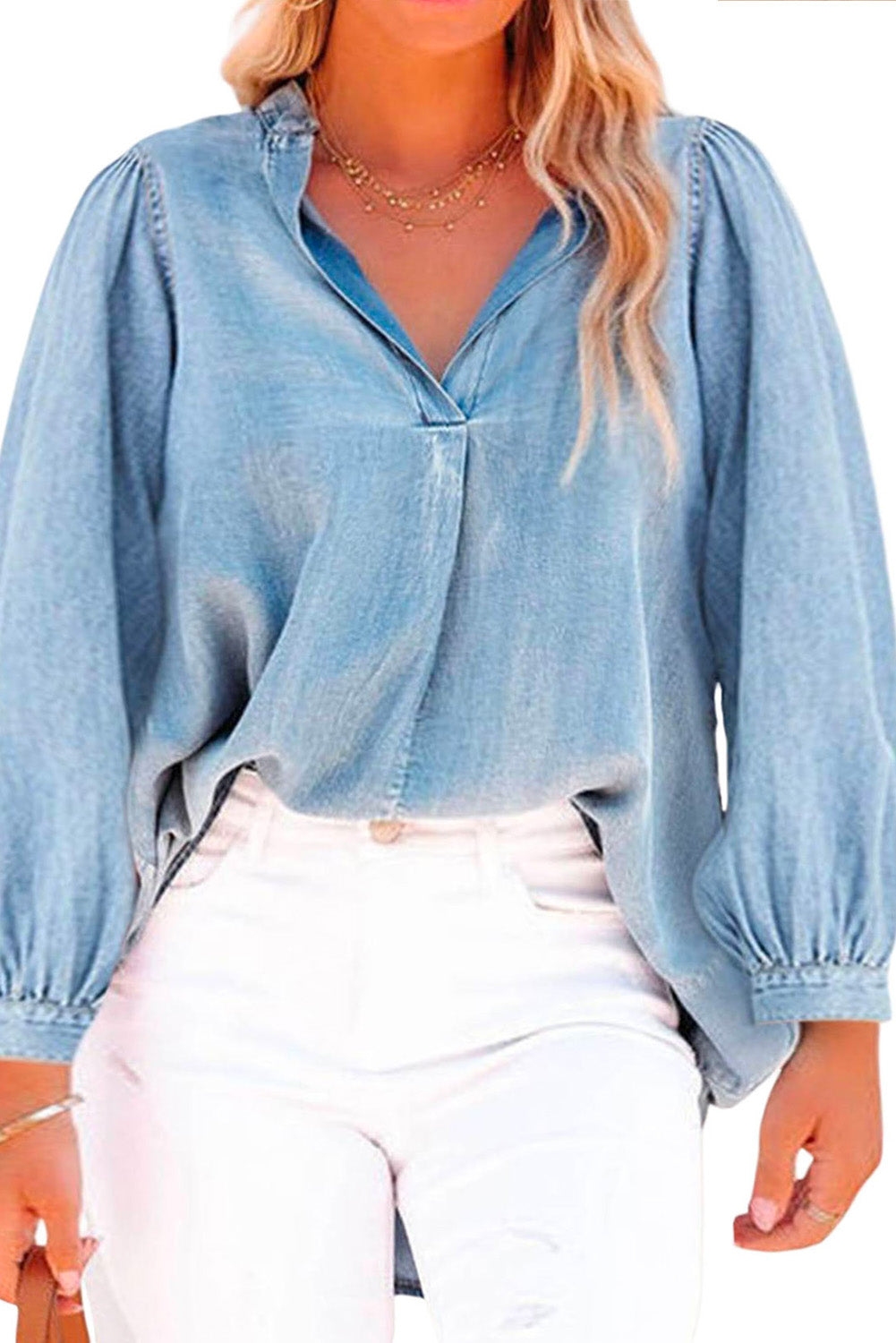 Balloon Sleeve Slit V-Neck Denim Top
