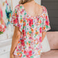 Watercolor Floral Square Neck Ruffle Sleeve Blouse