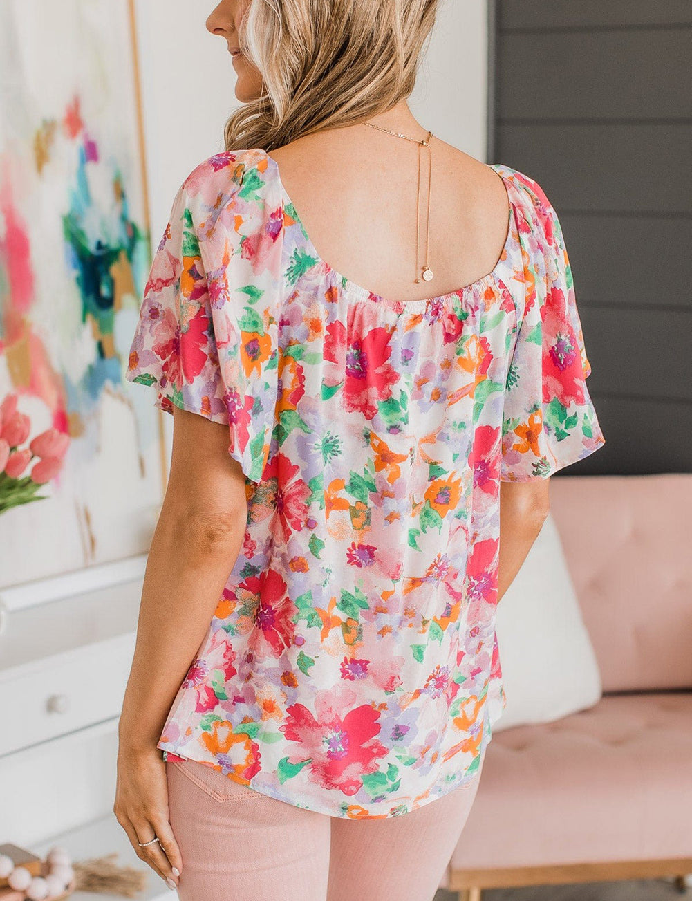 Watercolor Floral Square Neck Ruffle Sleeve Blouse