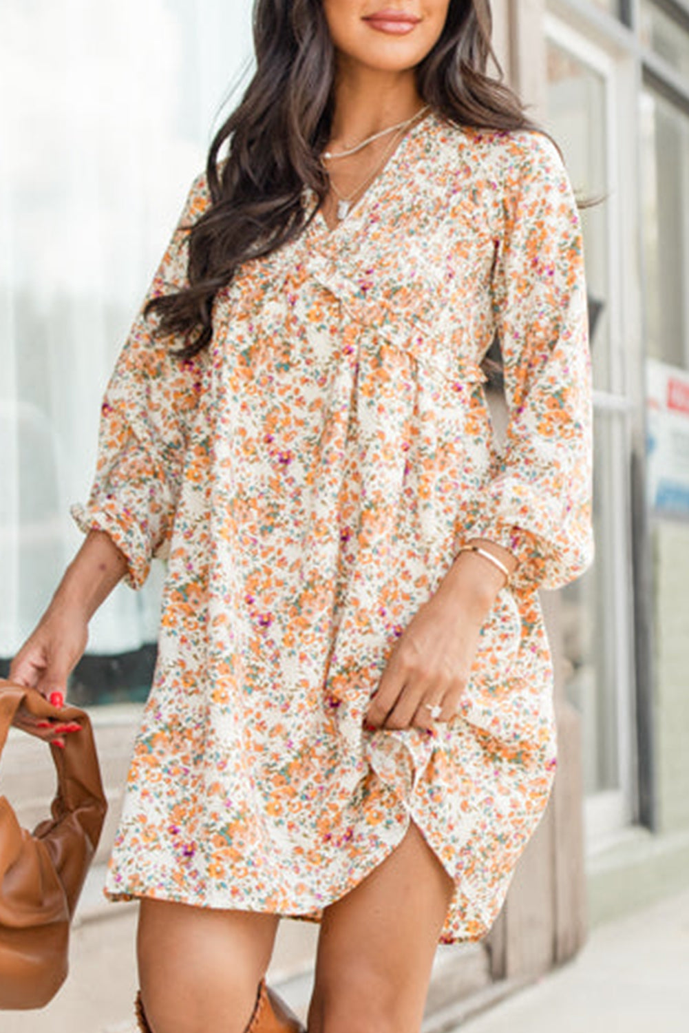 Floral V Neck Ruffled Empire Waist Long Sleeve Mini Dress