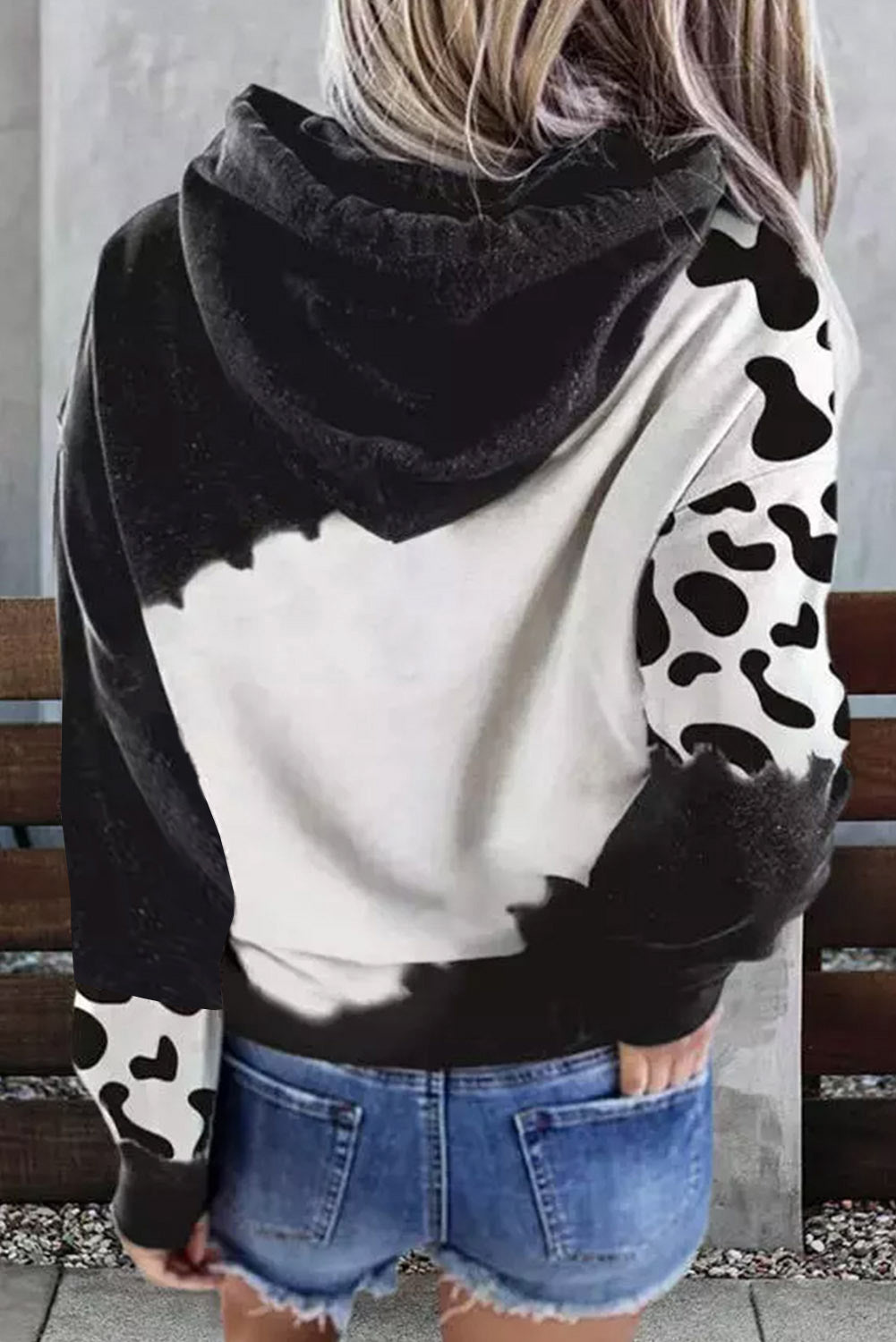 Cow Tie Dye Print Pocketed Drawstring Pullover Hoodie